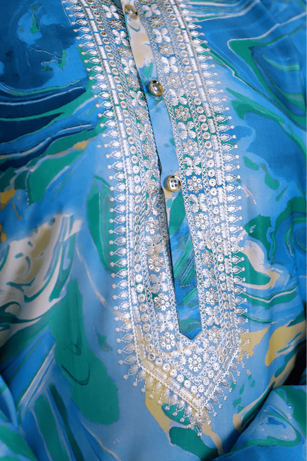 Men Ocean Blue Marble Print Silk Kurta - Shrivarya - Mens Ethnic Wear