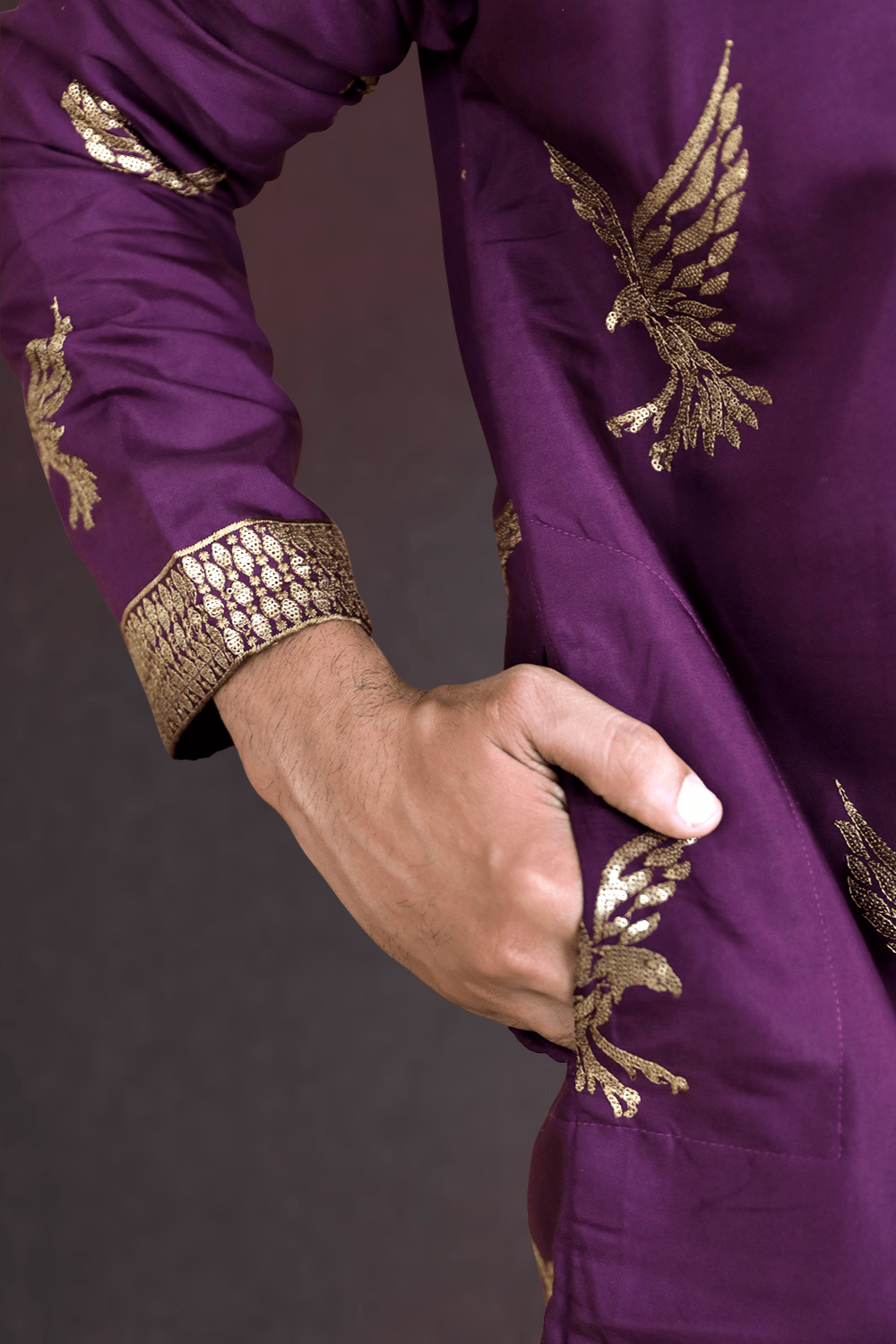 Men Wine Eagle Embroidered Kurta - Shrivarya - Mens Ethnic Wear